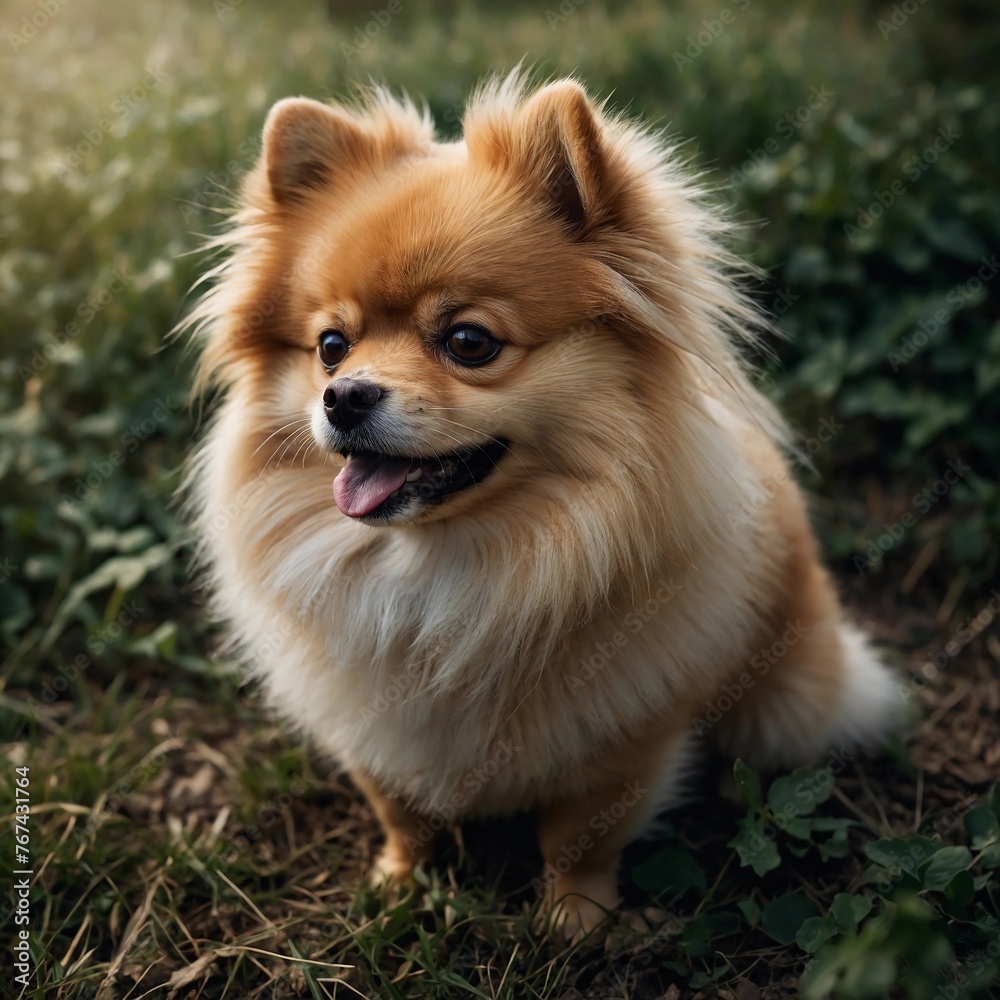 A photo of an amazingly cute, funny and charming pomeranian against a background of green vegetation. Generative AI