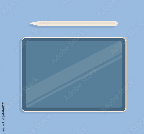 tablet ipad in flat style with pencil over blue background