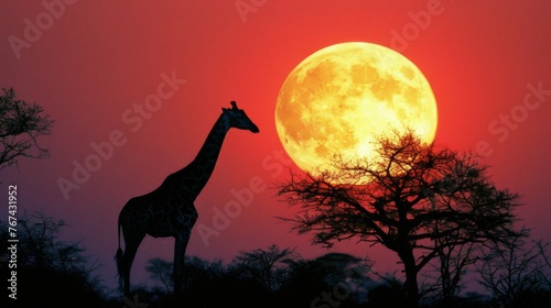  a giraffe standing in front of a full moon with trees in the foreground and a red sky in the background.