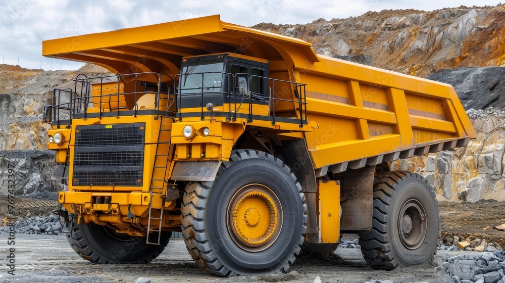Big yellow coal anthracite mining truck in operation at an open pit mine industry site Big yellow coal anthracite mining truck in operation at an open pit mine industry site