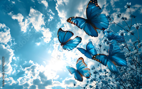 many flying blue butterflies on a sky background. insects. Flora and fauna