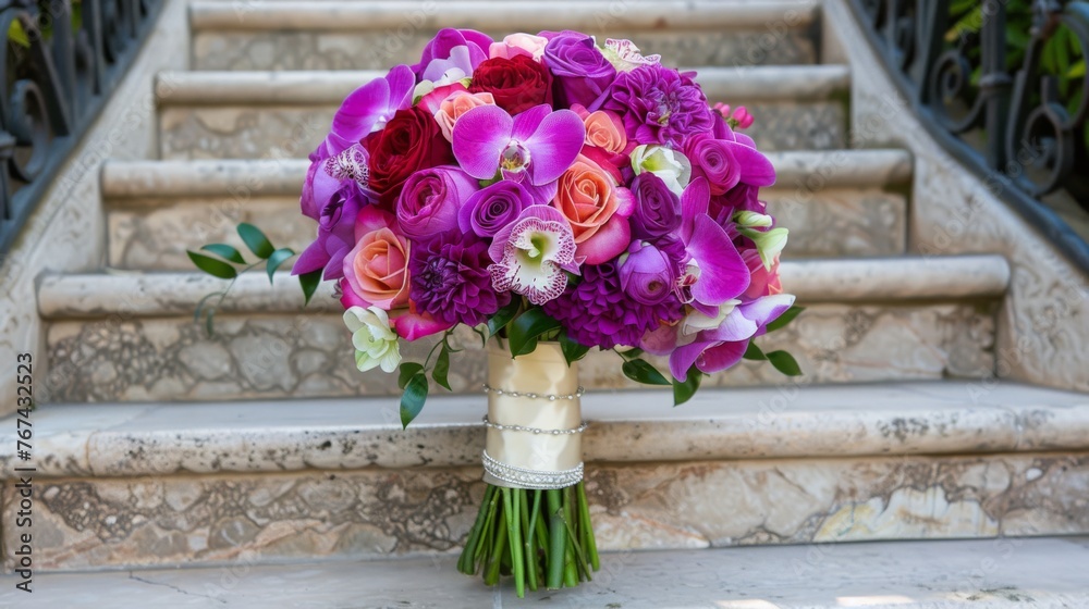  a bridal bouquet of purple and pink flowers on a set of stairs in front of a set of stone steps.