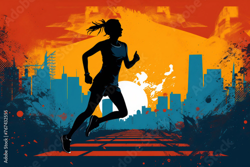 Jogging person. Illustration with a running woman. Training to the marathon. Flat style. Logo