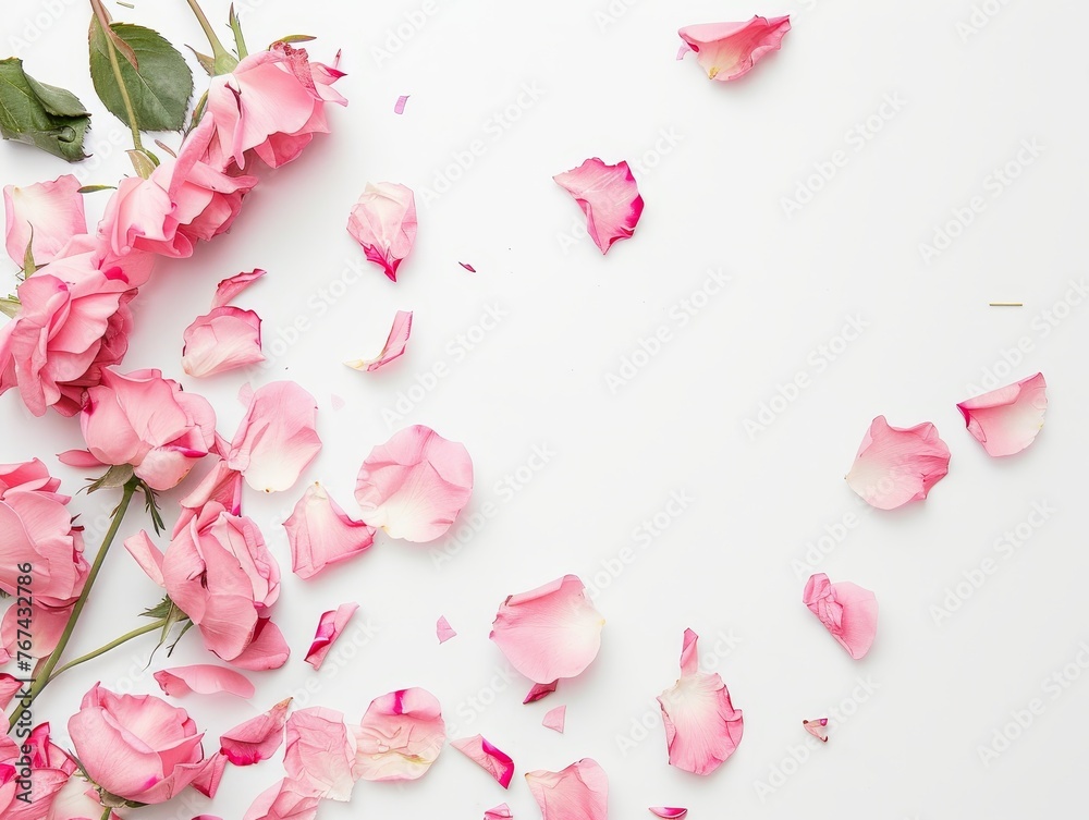 a group of pink flowers and petals