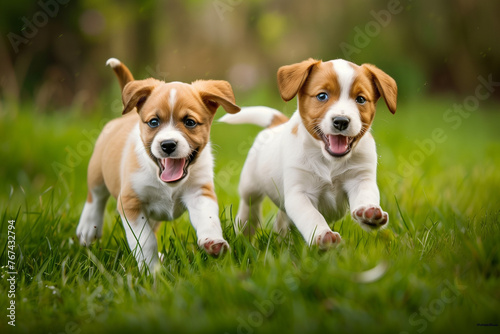 Two playful puppies chase each other through a grassy field, tongues out and tails wagging
