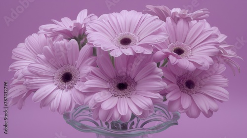  a glass vase filled with pink daisies on a purple background with a pink background behind the vase is a purple background.