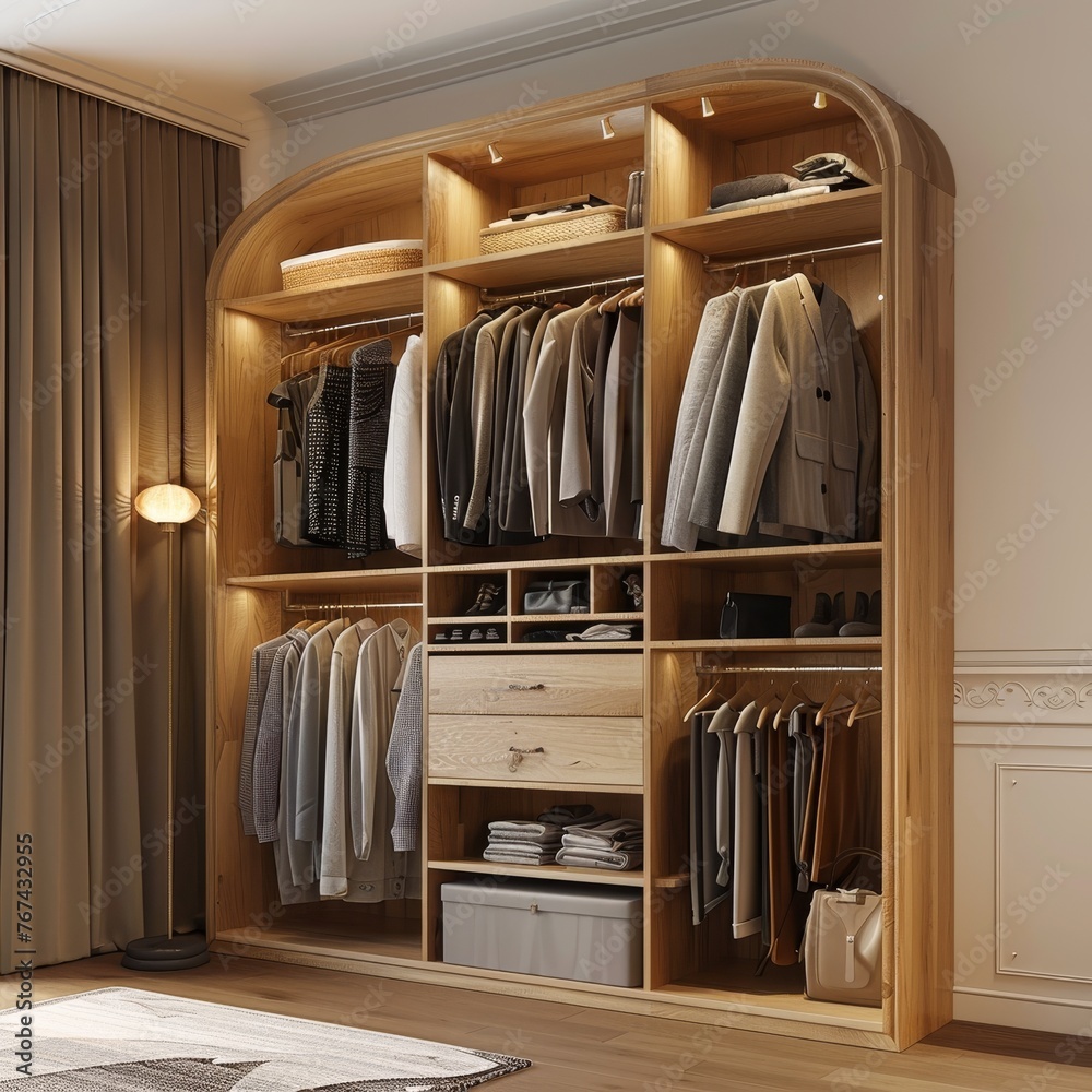 a large closet with clothes on shelves