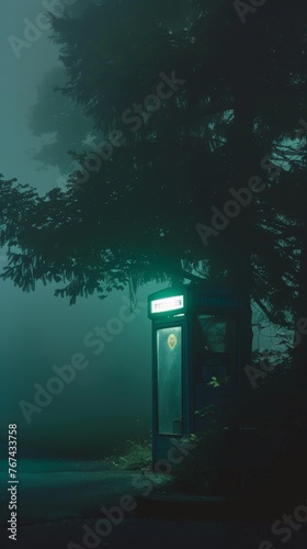 a phone booth in the woods at night