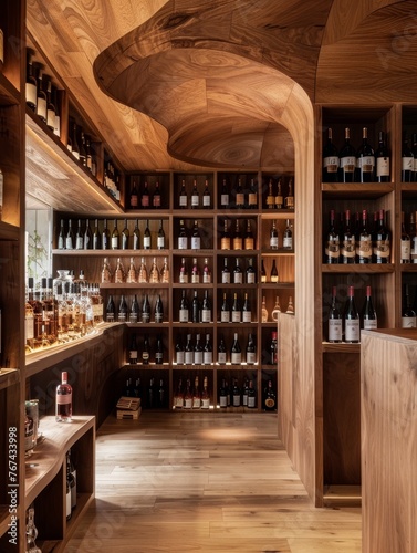 a room with shelves of liquor and bottles of wine