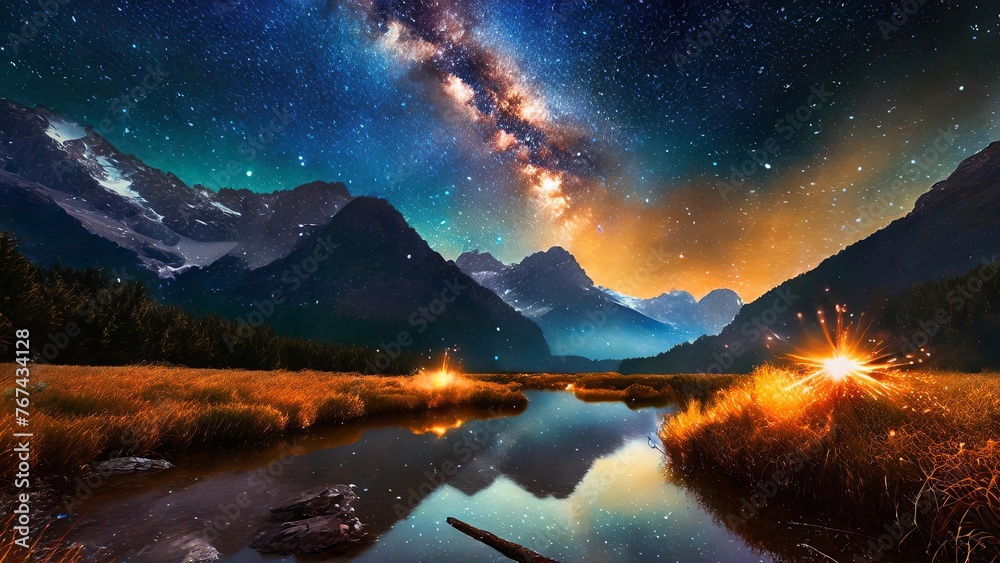 River under a starry night sky, twinkling with countless stars Milky Way Galaxy