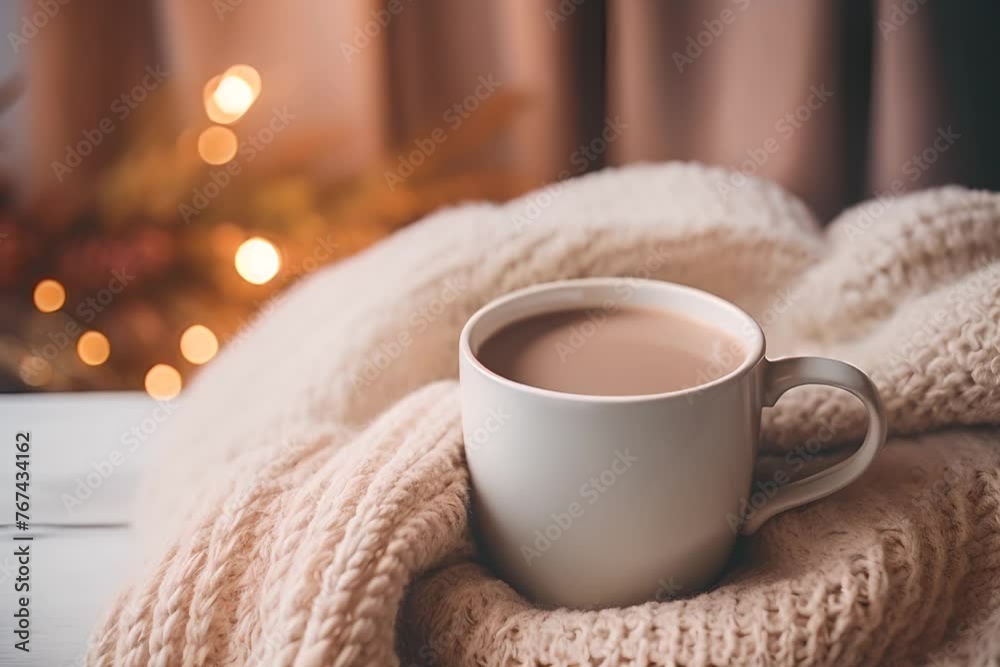 A cozy cup of coffee wrapped in a knitted sweater, evoking warmth, with soft light and blurred background. A cozy cup of coffee wrapped in a knitted sweater, evoking warmth, with soft light and blurred background.