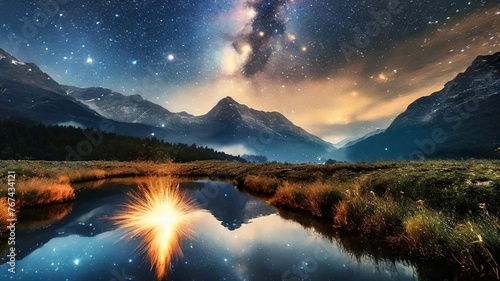 Lake nestled among towering mountains, illuminated by stars of night sky, including Milky Way