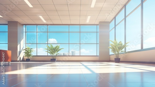 Sunlit empty corporate lobby with large windows and city skyline. Concept of business growth, success, and modern architecture. © Jafree