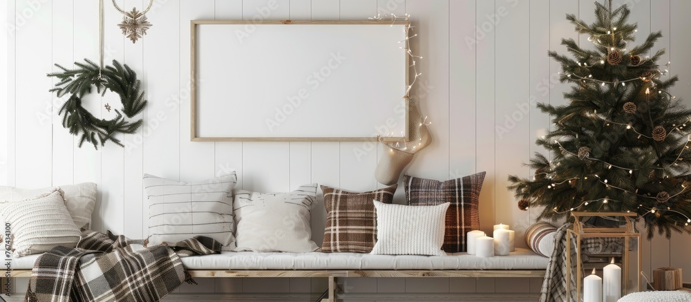 Wooden frame mockup featuring a Christmas tree, candles, cushions, and plaid on a white bench, ideal for poster product design in a Scandinavian and Nordic winter theme.