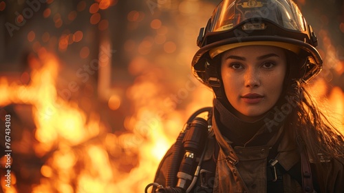 Brave Caucasian female firefighter before a fiery scene. Composed woman in full fire gear, prepared to act. Concept of valor, professionalism, firefighting, and emergency operations. Copy space