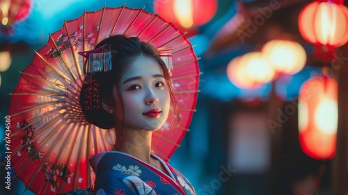 a woman in a kimono with a red umbrella
