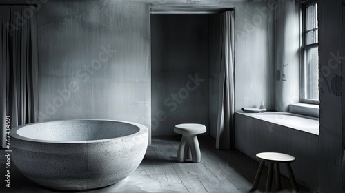  a black and white photo of a bathtub in a bathroom with a stool next to it and a window.