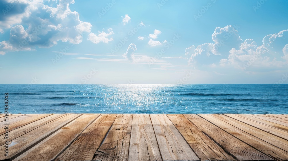 Beautiful view of wooden pier with the sea and blue sky landscape background. AI generated image - obrazy, fototapety, plakaty 