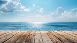 Beautiful view of wooden pier with the sea and blue sky landscape background. AI generated image