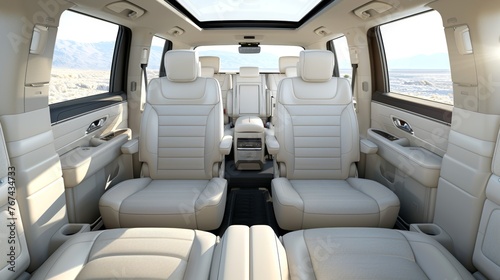 A panoramic view inside a empty family SUV, with spacious white interior, comfortable seating for multiple passengers, and practical storage solutions. Concept of travel, family road trips