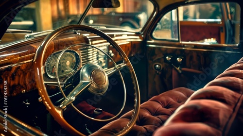 Timeless elegance of vintage car interior, featuring wood dashboard and leather seats. Classic design evokes sense of motoring heritage. Concept of historical vehicles, luxury design, classic elegance