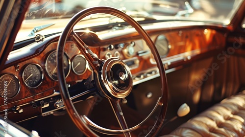 Vintage car interior with the classic design elements like wood paneling, analog gauges, and velvet seats. Concept of classic motoring, retro style, and heritage vehicles.