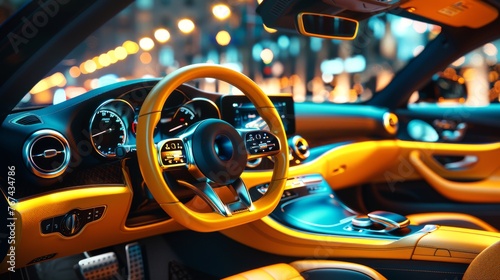 Luxurious interior of a modern sports car with leather seats and touchscreen controls. Concept of sports performance, luxury, and advanced automotive interiors.