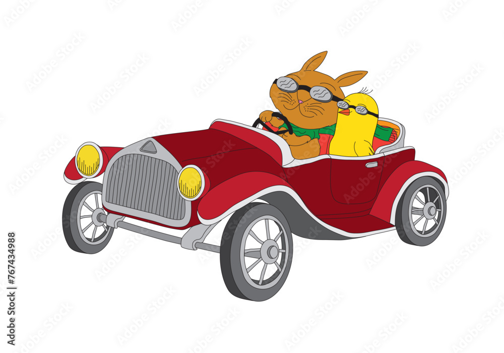 Cute cartoon style illustration of a bunny and a chick in a vintage car Cute cartoon style illustration of a bunny and a chick in a vintage car