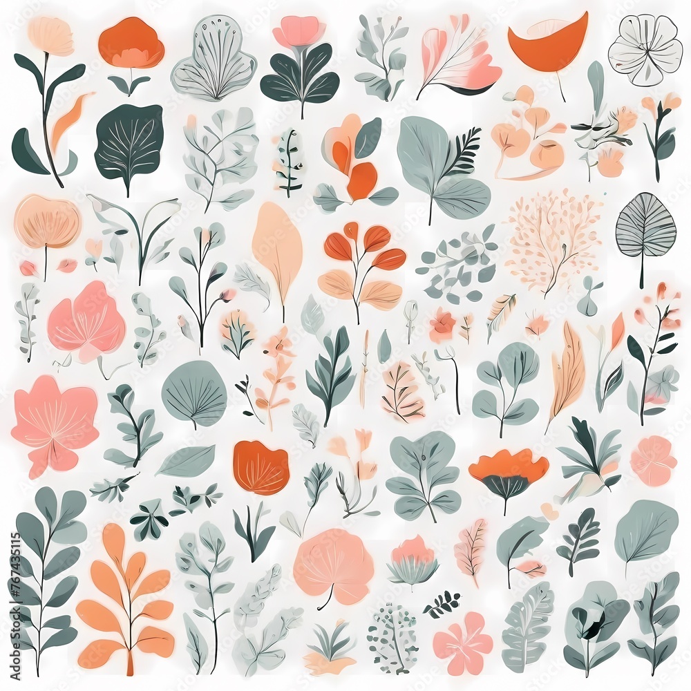 A collection of seamless pattern, colorful abstract plants and flowers. Hand drawn Collection of leaves and flowers. A close up of a pattern of flowers and leaves.
A collection of seamless pattern, colorful abstract plants and flowers. Hand drawn Collection of leaves and flowers. A close up of a pattern of flowers and leaves.