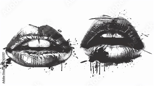 Black and white grange set of female lips stickers, Woman's mouth black. Ai generative