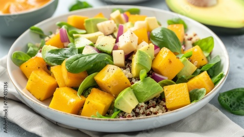  a close up of a bowl of food with avocado, spinach, cheese, and other foods.