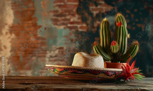 Mexican hat and cactus on wooden table over grunge background. Copy space. Cinco de mayo background photo