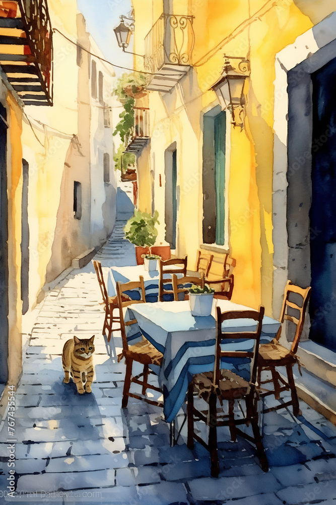 A painting featuring a cat sitting on a chair at a table.