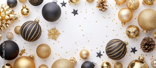 A Christmas-themed arrangement features golden and black decorations against a white backdrop, with a flat lay composition showcasing top-down perspective and empty space for text.