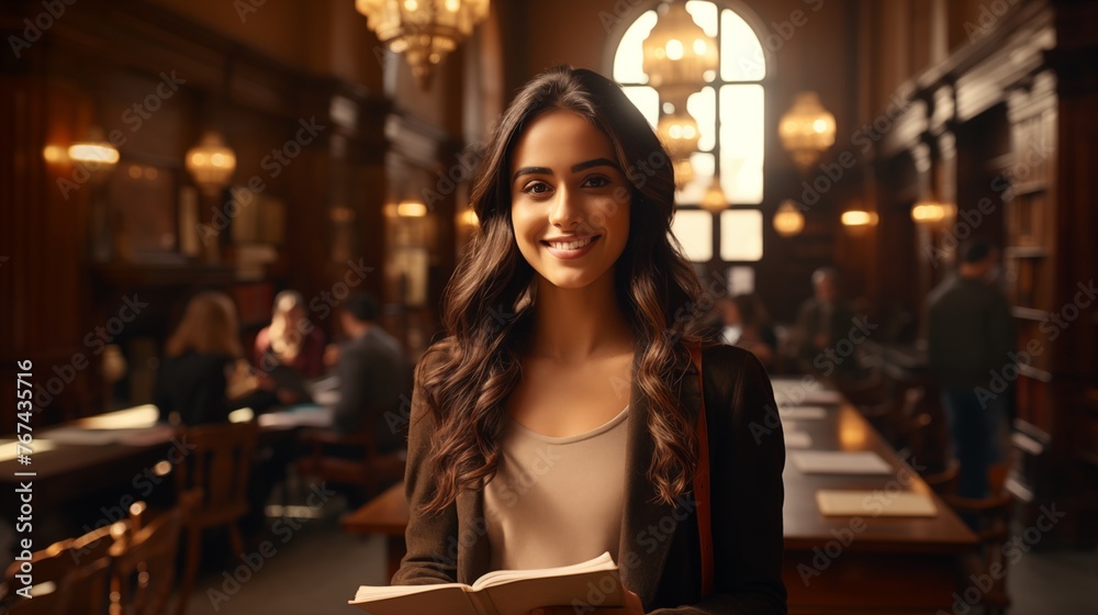 Cheerful South Asian student in a library: Depiction of a lively female student of South Asian descent inside a library setting Cheerful South Asian student in a library: Depiction of a lively female student of South Asian descent inside a library setting
