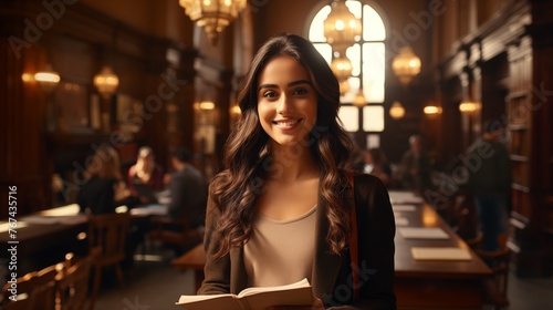 Cheerful South Asian student in a library: Depiction of a lively female student of South Asian descent inside a library setting photo
