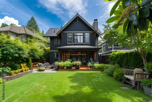 A craftsman house with a dark exterior, featuring a spacious backyard with a lush lawn and a children's play area.