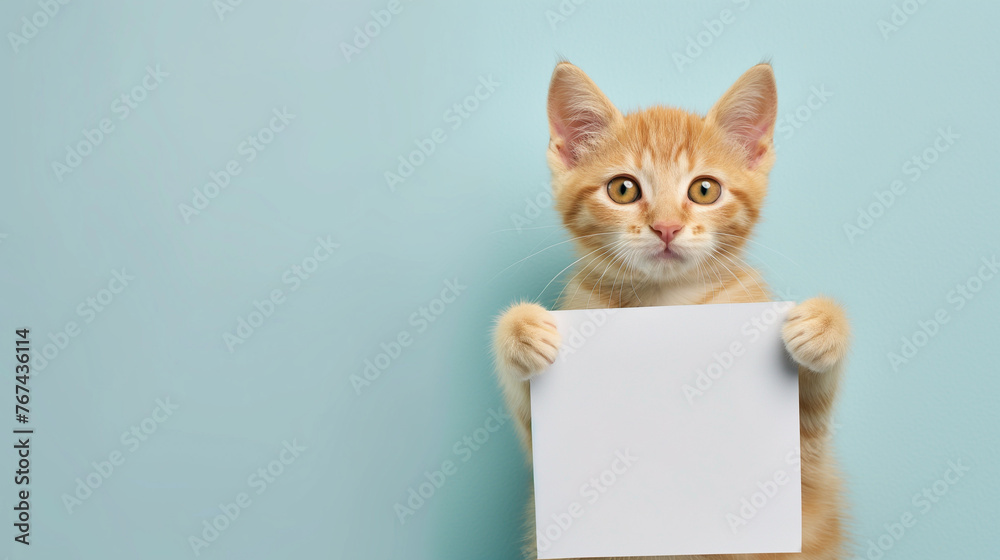Gato segurando um cartaz em branco isolado no fundo azul