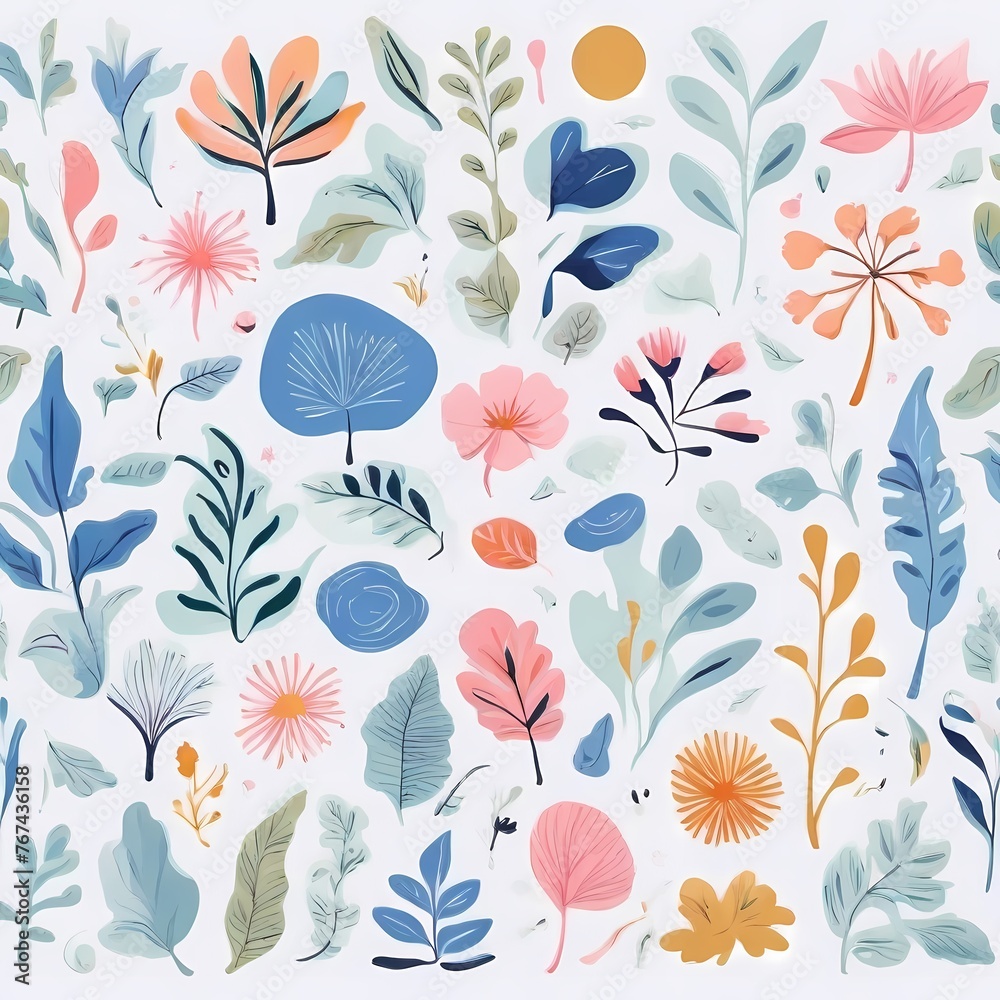 A collection of seamless pattern, colorful abstract plants and flowers. Hand drawn Collection of leaves and flowers. A close up of a pattern of flowers and leaves.
A collection of seamless pattern, colorful abstract plants and flowers. Hand drawn Collection of leaves and flowers. A close up of a pattern of flowers and leaves.