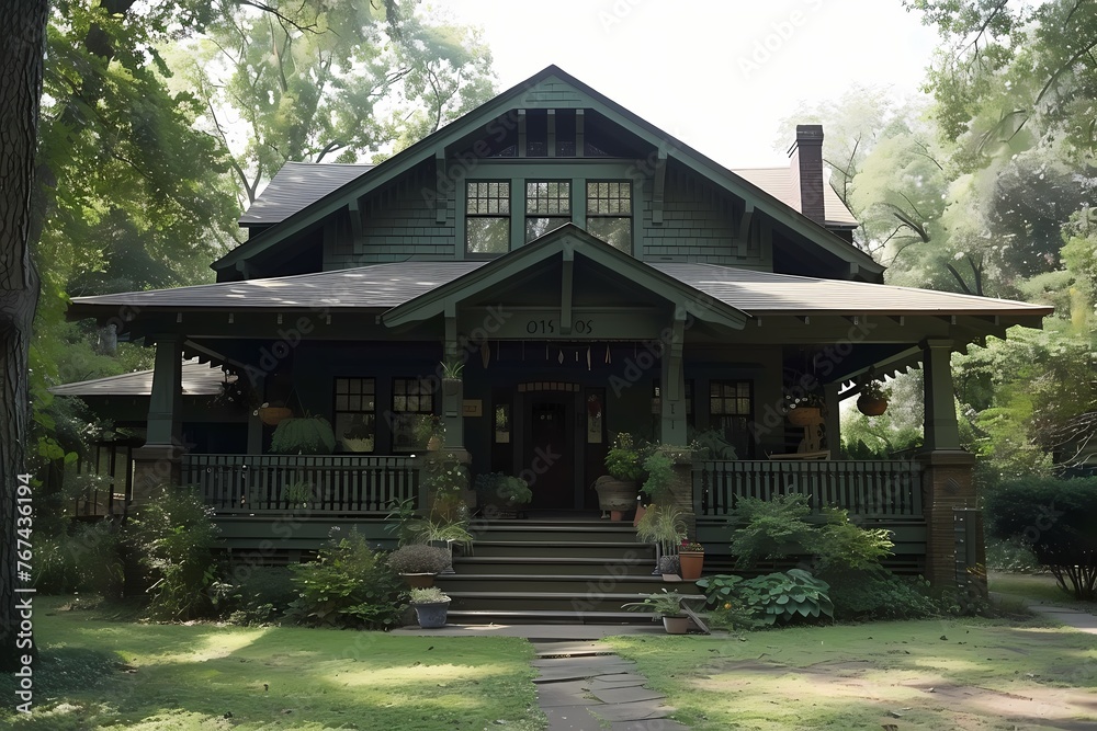 A craftsman house exterior in an earthy green color, featuring a wide front porch, decorative wooden elements, and a picturesque setting surrounded by trees.