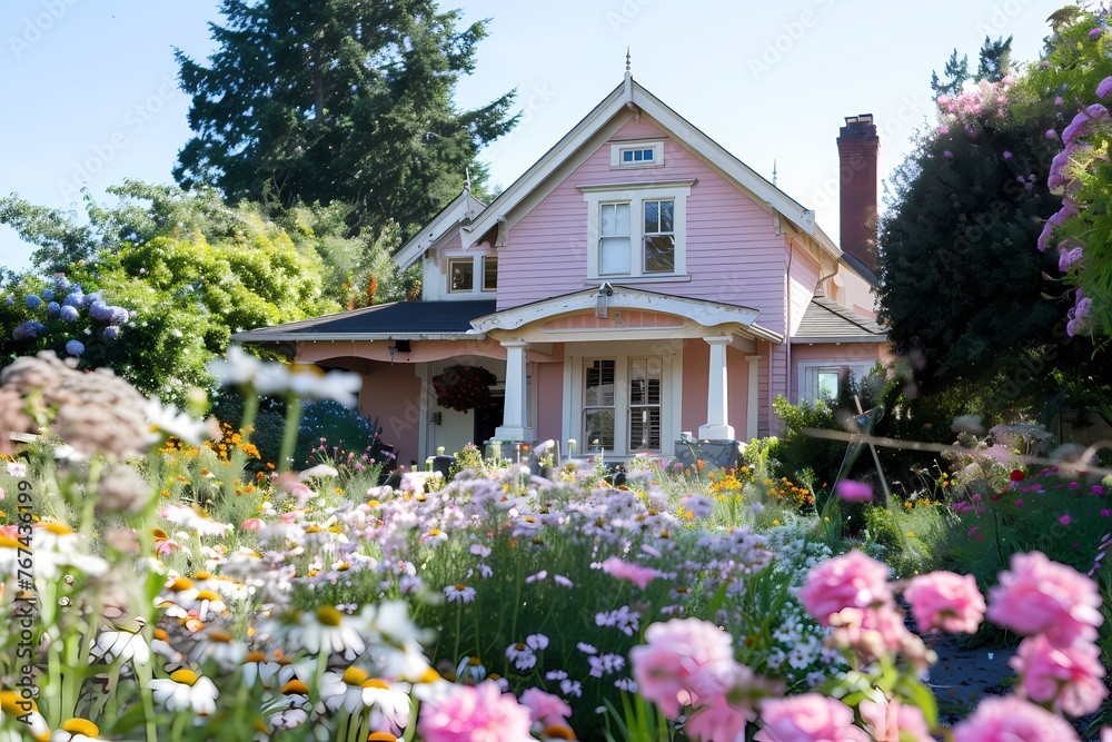 A peaceful craftsman house with a pale pink fa? section ade, surrounded by blooming flowers in various shades.