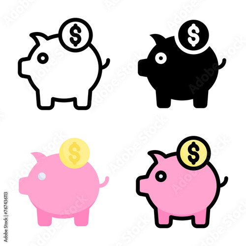 Piggy bank icon set style collection in line, solid, flat, flat line style on white background