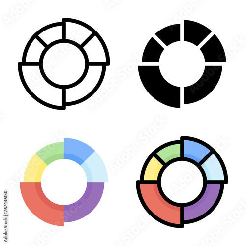 Pie chart icon set style collection in line, solid, flat, flat line style on white background