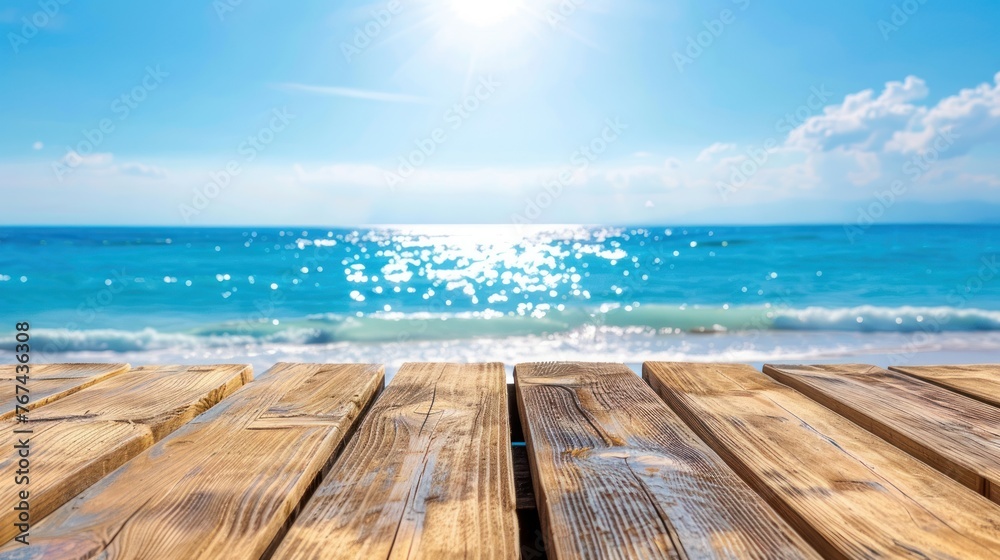 Beautiful view of wooden pier with the sea and blue sky landscape background. AI generated image - obrazy, fototapety, plakaty 