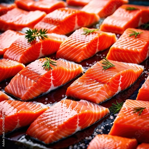 Raw fresh salmon fish fillets, food processing for restaurant prep or food manufacturing industry factory
