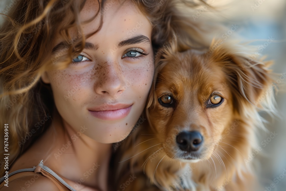 Woman with her pet dog outdoors.