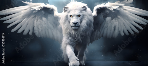 white lion fly with wings angel, ai generative photo