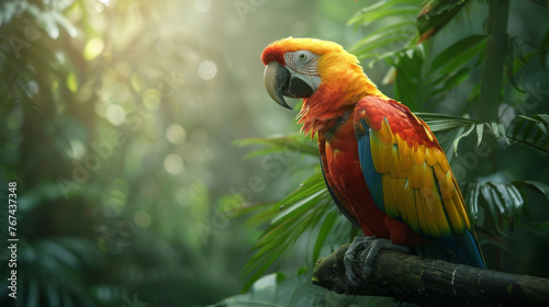 A colorful parrot is perched on a branch in a lush green forest photo