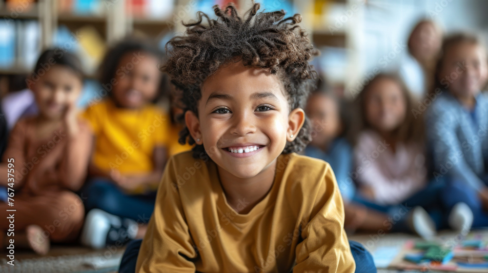 A young boy with curly hair is smiling at the camera A young boy with curly hair is smiling at the camera