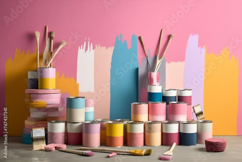 Paint cans ready to be used on pastel color palette background